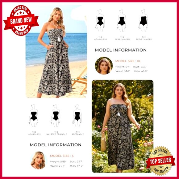 Strapless Floral Maxi Dress Boho Smocked Back Tiered A-Line with Pockets - Picture 3 of 7